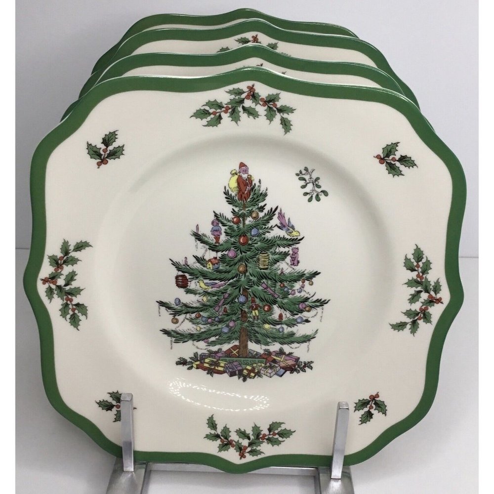 4 Salad Plates SPODE CHRISTMAS TREE Green Trim, SQUARE SCALLOPED 9"  NEW